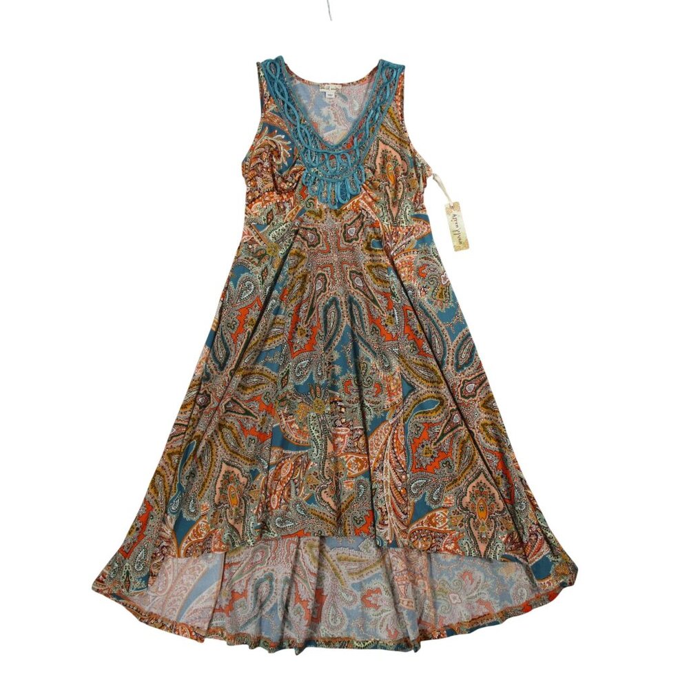 World Unity Sleeveless Paisley Print High-Low Dress With Crochet Neckline - Smal